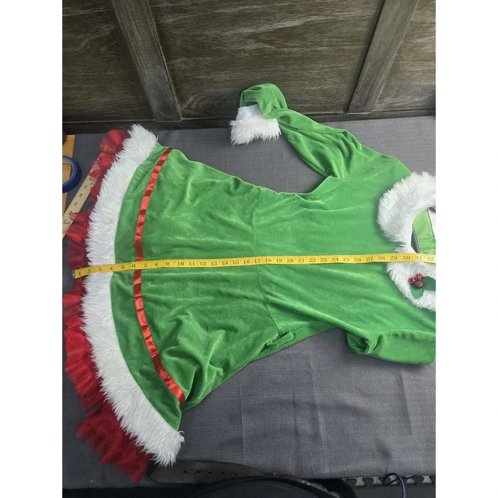 Women's Christmas Elf Costume Dress Green Faux Fur Holiday Adult One Size